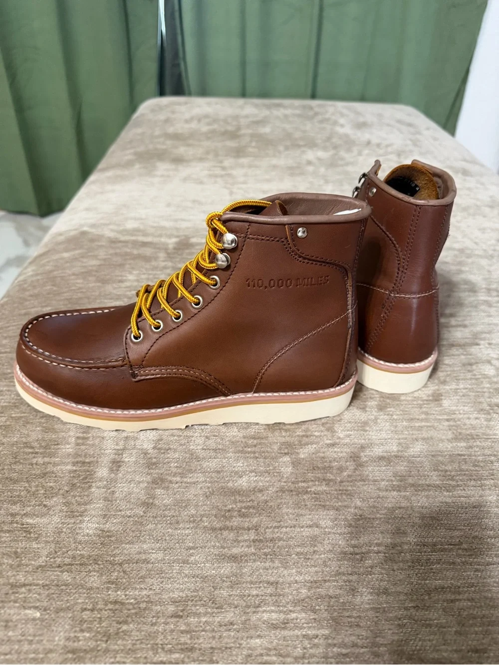 Men's Brown Leather Moc Toe Work Boots with Yellow Laces